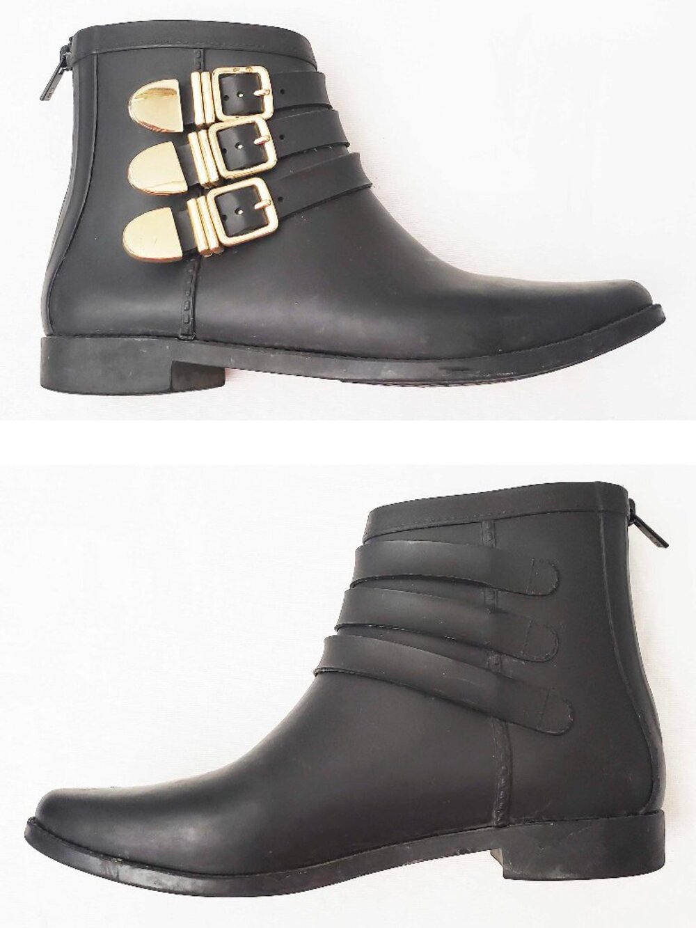 Loeffler Randall Women's Fenton Rubber Rain Ankle Boots BOOTIES Buckle Black 7